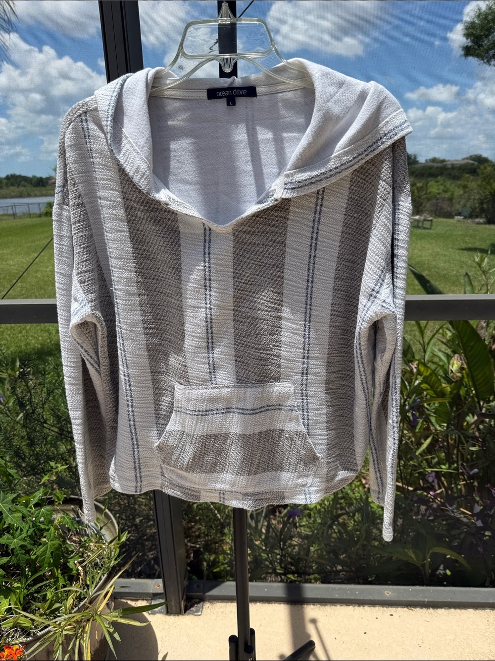 Ocean Drive cotton blend White and tan Striped Swim Coverup Hoodie